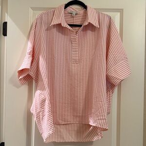 She + Sky Seersucker Pink Striped Blouse
